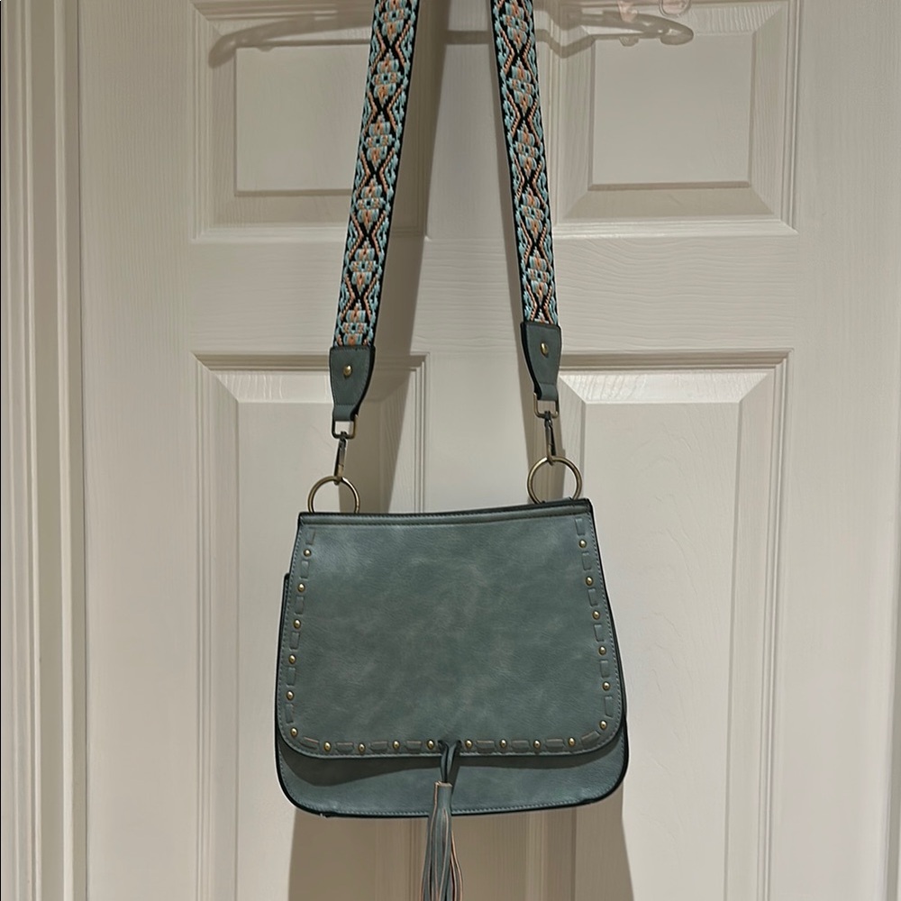 Jen & Co vegan leather Stylish Blue Shoulder Bag with Patterned Strap